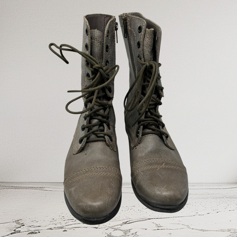 Steve Madden Troopa Grey Leather Lace Up Side Zip Combat Boots Size 7 M